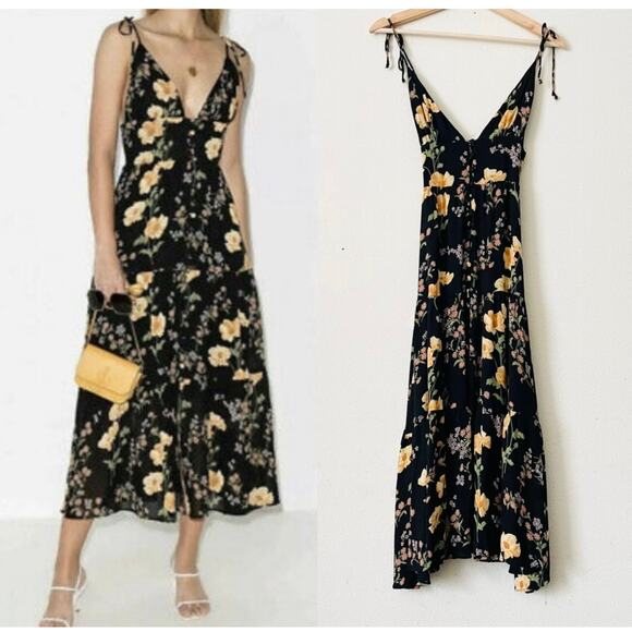 Reformation Jaden Black Floral Tie Strap Midi Dress - Size 2 - Picture 1 of 5